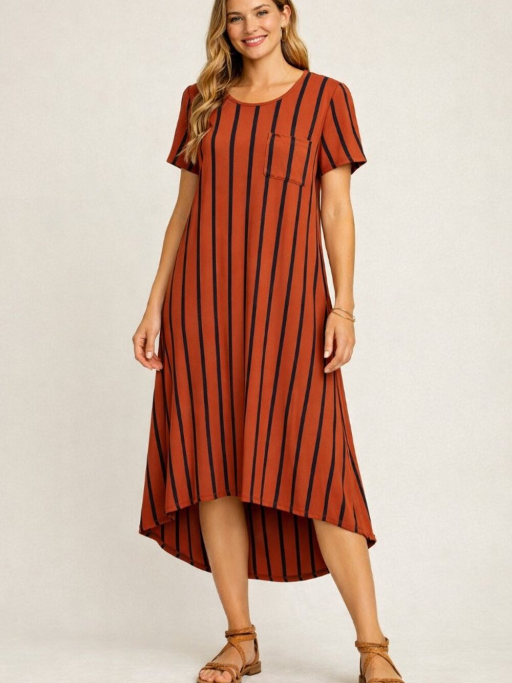 LuLaRoe Rust with Navy Stripe Midi Dress Large